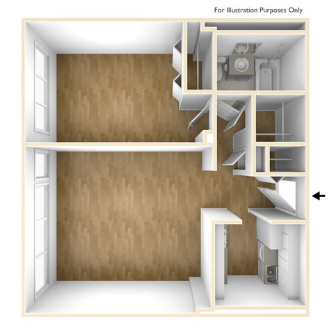 Floor plan for 1 bed, 1 bath, 648 sqft